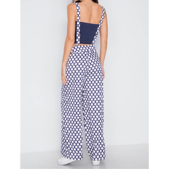 NAVY WHITE POLKA DOT WIDE LEG SUSPENDER PANTS - Picture 2 of 5